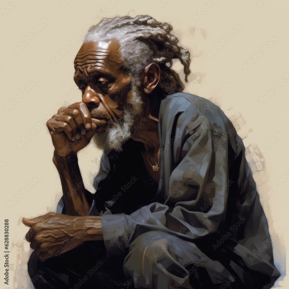 Black old man in thinking and doubts oil painted illustration. Male character with dreamy face on abstract background. Ai generated acrylic canvas bright poster.