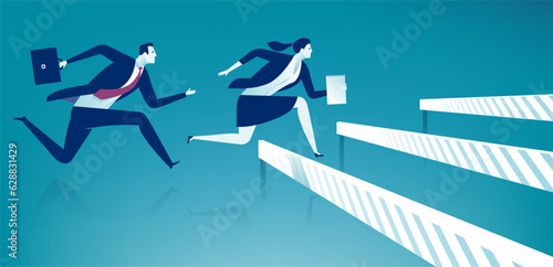 Business couple overcoming obstacles. A woman and man jump over rising obstacles. Vector illustration