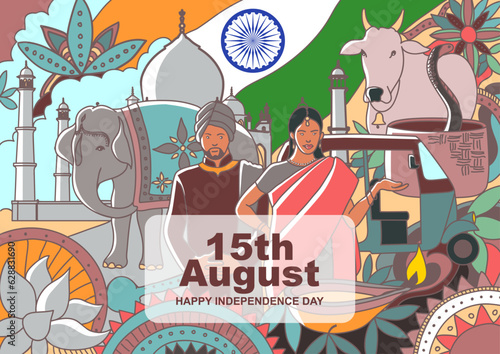 Mural doodle art of India flag decorated with the country famous elements and icons, suitable for political or national events such as Independence Day