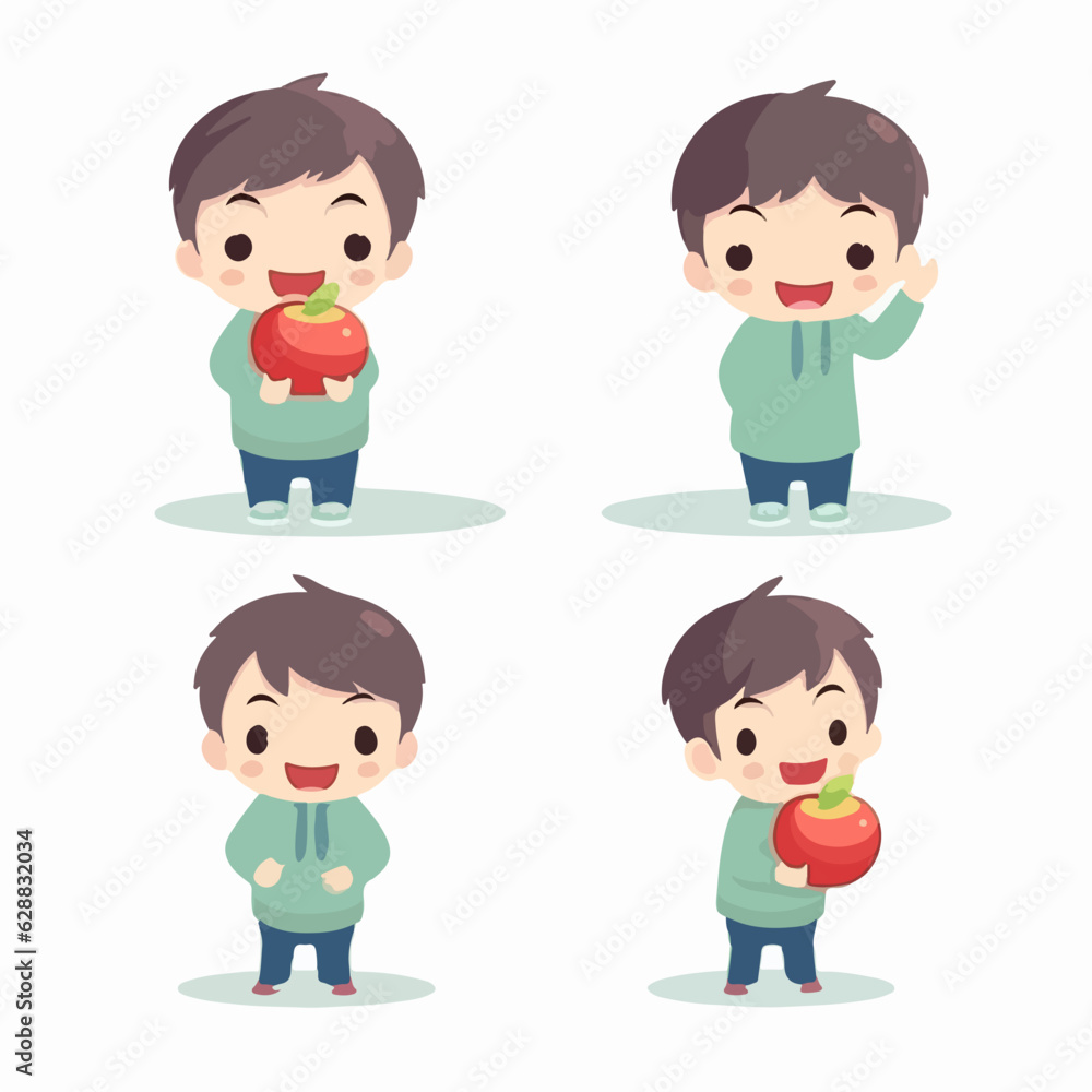 Vector illustration of a young boy with an apple, cartoon pose. Vector illustration of a young boy with an apple, cartoon pose.
