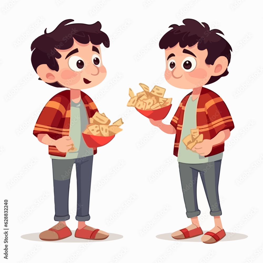 Boy holding chips, vector illustration, young kid, multipose. Boy holding chips, vector illustration, young kid, multipose.