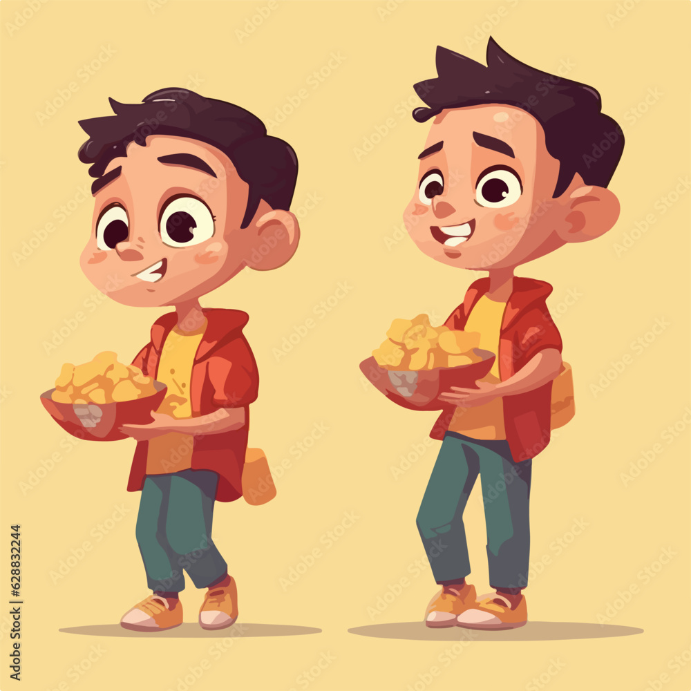 Vector illustration of a young boy with chips, cartoon pose.
