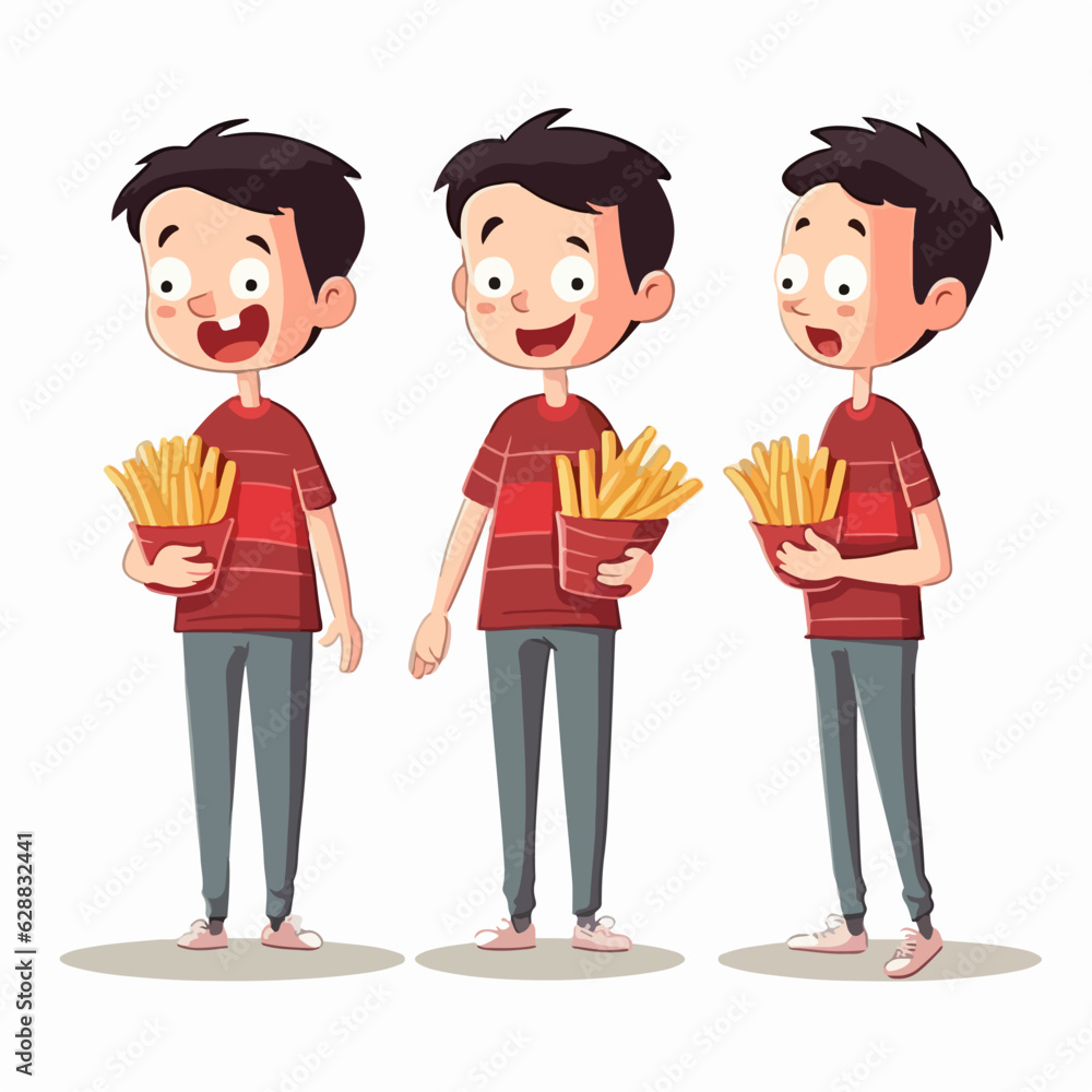 Young boy enjoying French fries, vector pose, child, cartoon style.