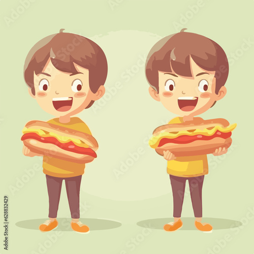 Kid holding a scrumptious hot-dog, vector illustration, young boy.