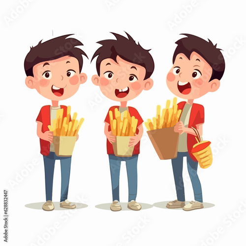 Boy with a handful of French fries, vector illustration, child, multipose.
