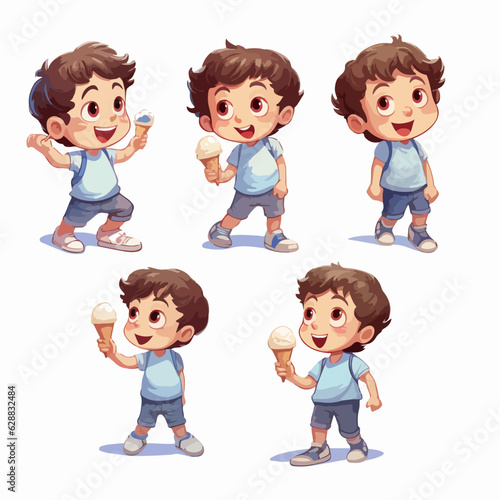 Cartoon of a kid with a scrumptious ice-cream, vector pose, young child.