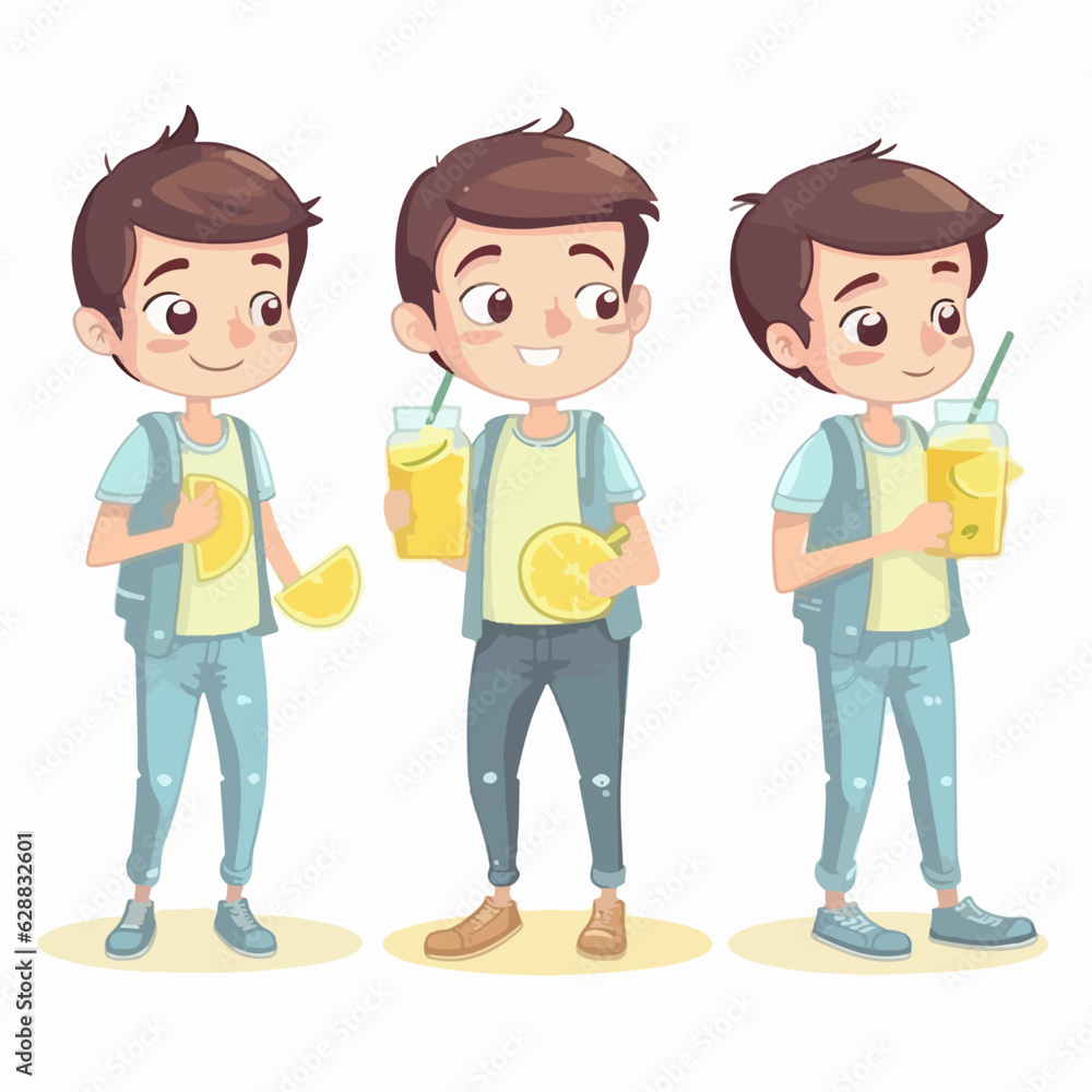 Cartoon of a child with lemonade, vector pose, young kid.