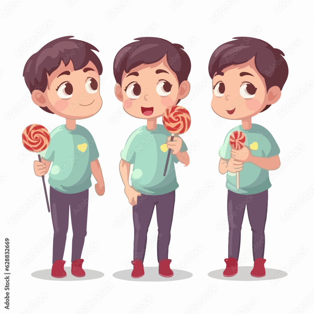 Boy savoring a flavorful lollipop, cartoon illustration, child, multipose.