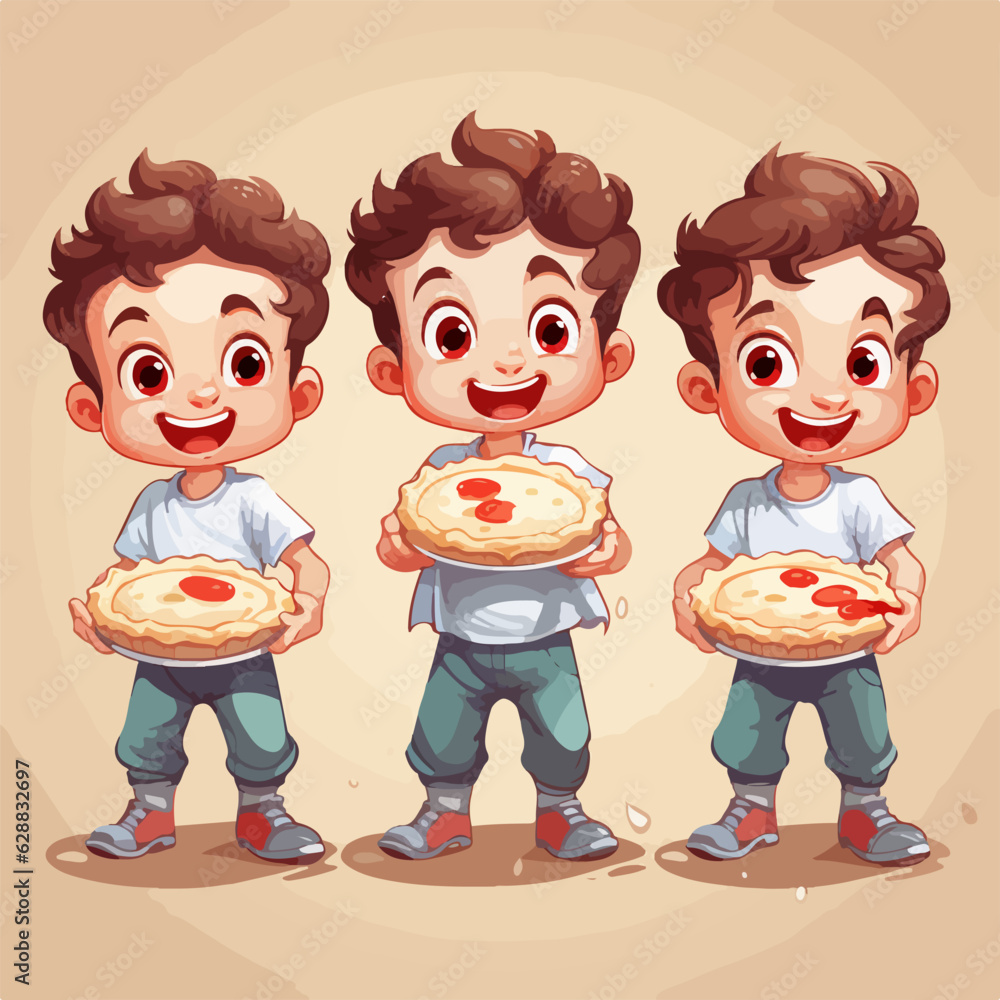 Boy with a pie in hand, vector illustration, kid, cartoon style. Boy with a pie in hand, vector illustration, kid, cartoon style.
