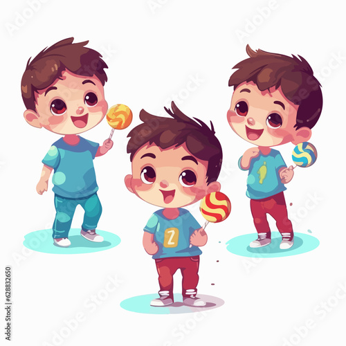 Vector of a boy with a tasty lollipop, cartoon style, young child.