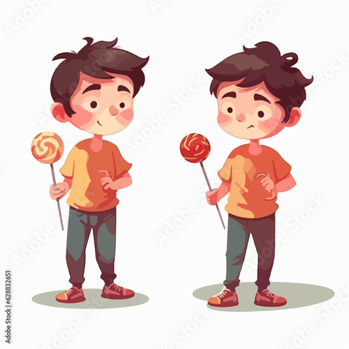 Kid holding a mouthwatering lollipop, vector pose, child, cartoon style.
