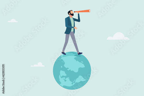 Globalization, global business vision, world economics or business opportunity concept, smart businessman standing on globe, planet earth using telescope to see vision or future opportunity.
