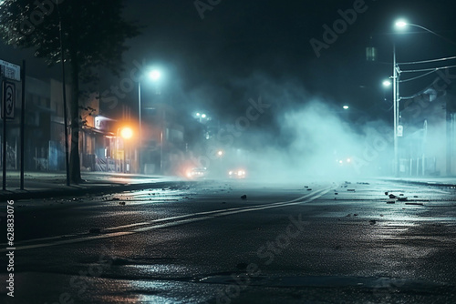  Neon light in a dark empty street with smoke, smog. Scene of empty street, night view