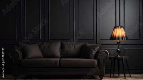 black lamp standing by sofa row, generative ai
