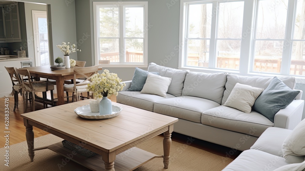 clean bright great room couch dining, generative ai clean bright great room couch dining, generative ai