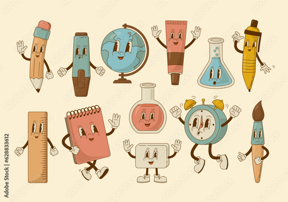 Set of retro cartoon funny school supplies characters. Pen, pencil, eraser, notebook, paint brush, globe mascot. Vintage groovy stationery vector illustration. Nostalgia, welcome back to school