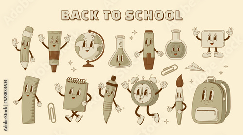 Set of retro cartoon school supplies characters. Pen, pencil, backpack, paint brush, ruler, globe mascot. Vintage stationery vector illustration. Nostalgia 60s, 70s, 80s. Back to school