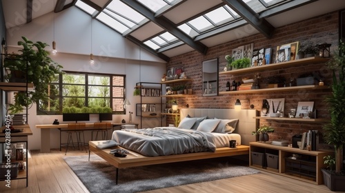 contemporary loft style bedroom tropical, generative ai