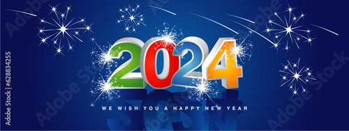 We wish you Happy New Year 2024. New modern 3d concept design. Colorful inside white silver 3D 2024 and mirrored shadows in blue background with stars sparkling fireworks