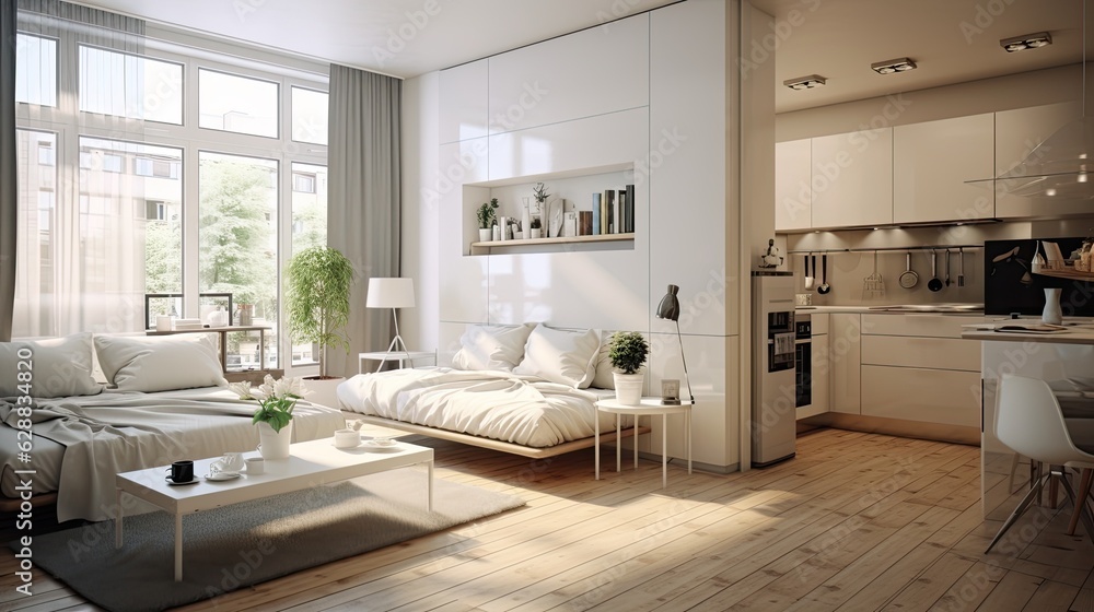 Interior design spacious bright studio apartment, generative ai Interior design spacious bright studio apartment, generative ai