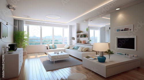 Interior design spacious bright studio apartment, generative ai