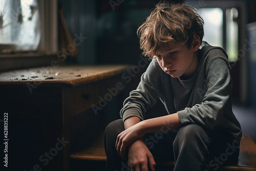  Sad boy sitting indoors photo