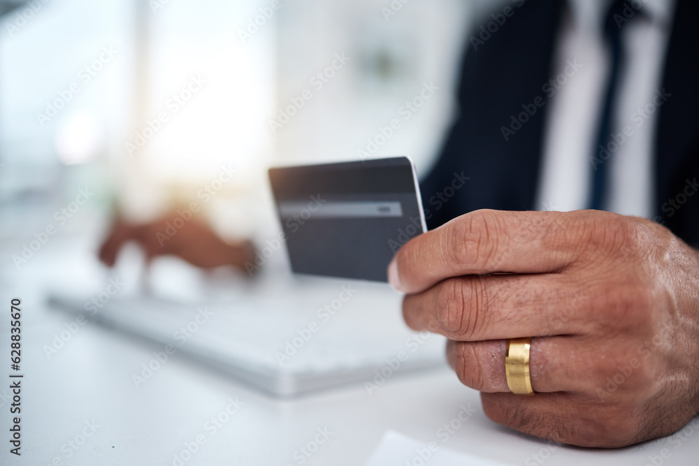 Business man, hands and credit card at computer for ecommerce, accounting budget or banking investment. Closeup of worker at pc for online shopping, fintech and trading tax money in financial economy Business man, hands and credit card at computer for ecommerce, accounting budget or banking investment. Closeup of worker at pc for online shopping, fintech and trading tax money in financial economy