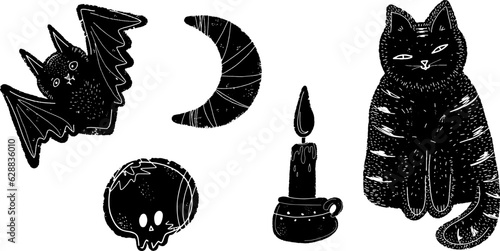 Halloween set. Cat, candle, skull, bat, crescent. Black festive elements for design and decoration. Vector collection.
