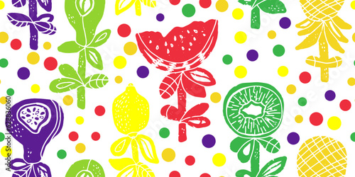 Bright funny joyful print. Stylized fruits. Abstract colorful vector pattern.