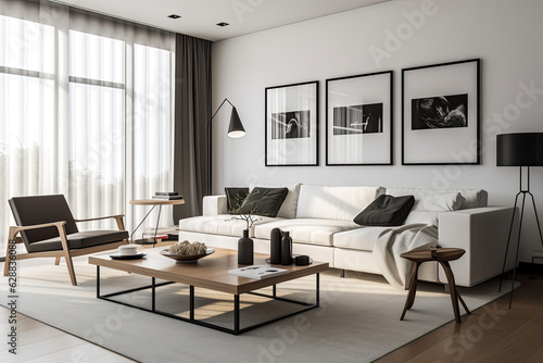 Modern interior. Light living room. Generative AI © LeitnerR