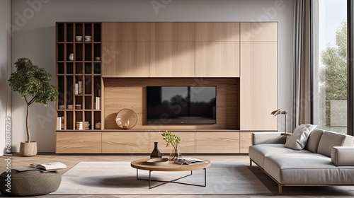 modern interior living room wooden cabinet, generative ai © Creative Station