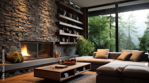 natural mountain rock wall modern living room  generative ai