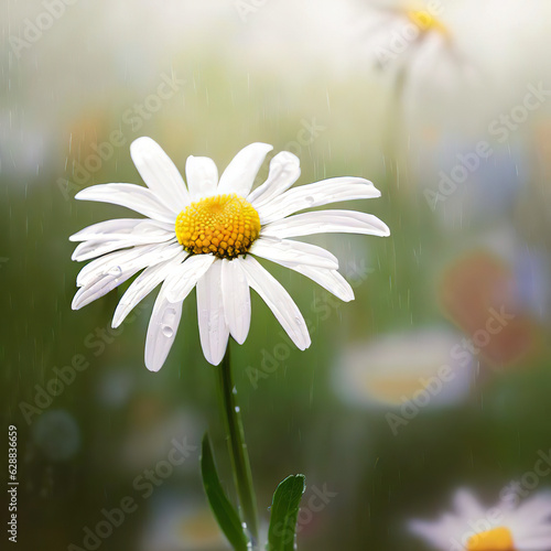 A close-up of a common daisy in spring captures raindrops delicately resting on its petals