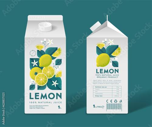 Lemon Juice packaging. Apples with leaves and flowers. Grain and Noise Texture. Templates of Juice box.