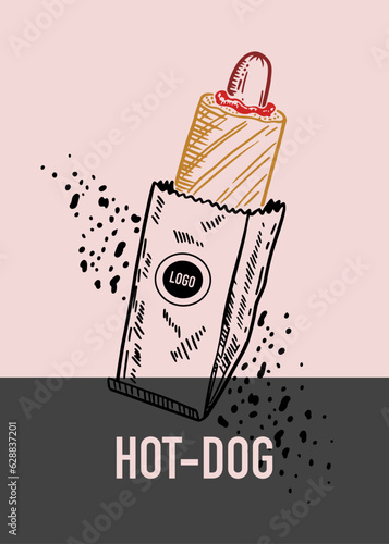 Hot-dog delicious snack, french hot dog, sausage, fresh bun, poster for restaurant cafe, postcard, flyer typography with line drawing, food to go, street food poster