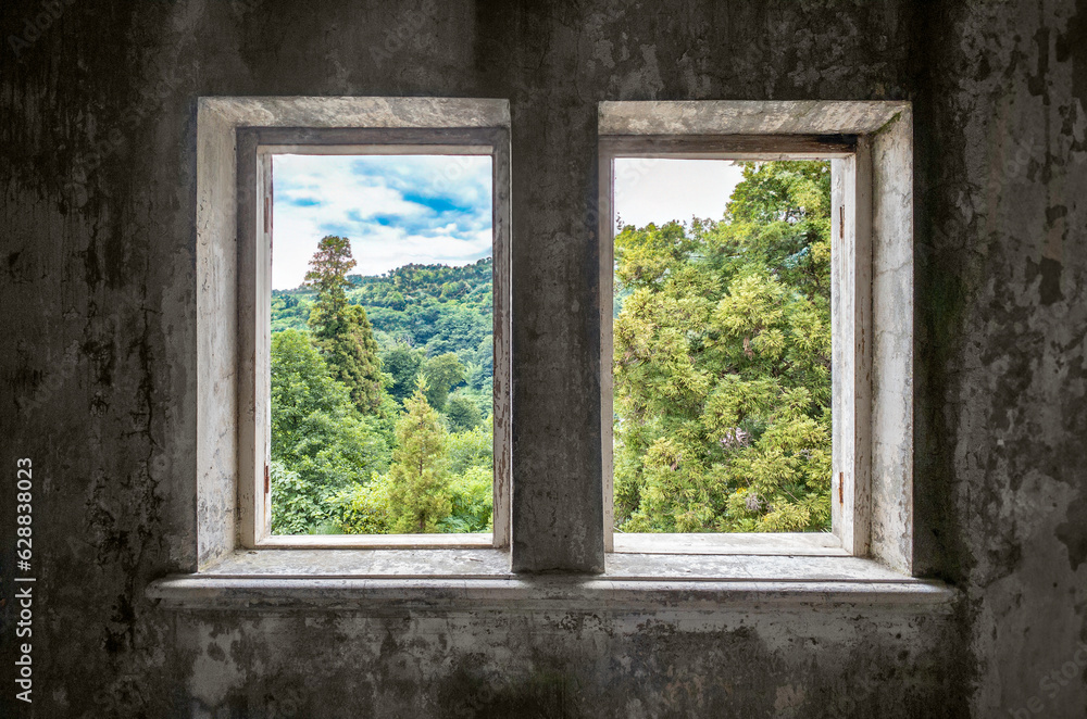 Fototapeta premium landscape in window of an abandoned house