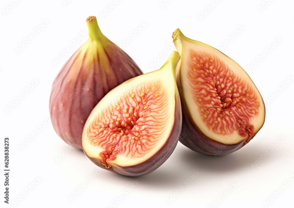 Sweet figs with juicy half on white background.Macro.AI Generative Sweet figs with juicy half on white background.Macro.AI Generative