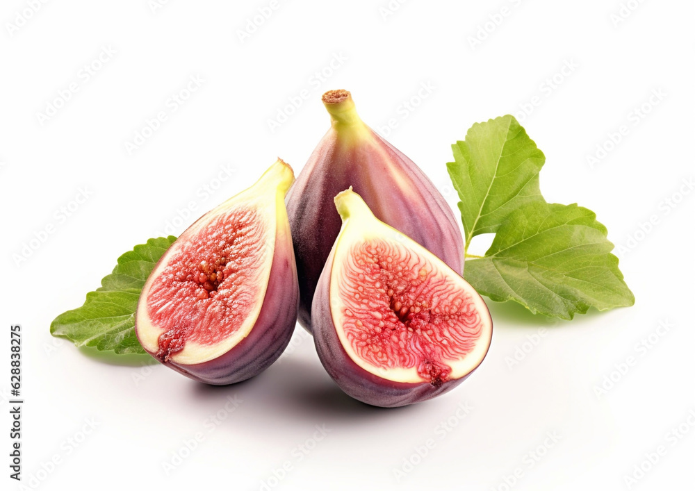 Sweet ripe figs with leaf on white background.Macro.AI Generative Sweet ripe figs with leaf on white background.Macro.AI Generative
