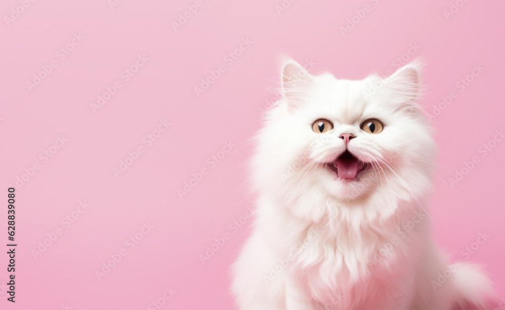 cute white cat on pink background