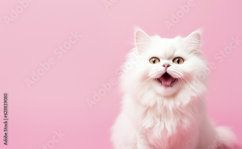 cute white cat on pink background
