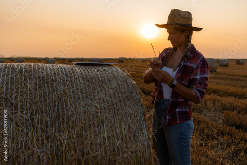 Determined farmer checks hay bale moisture with a tablet. Harmony of tradition and technology. Serene countryside scene. © DusanJelicic