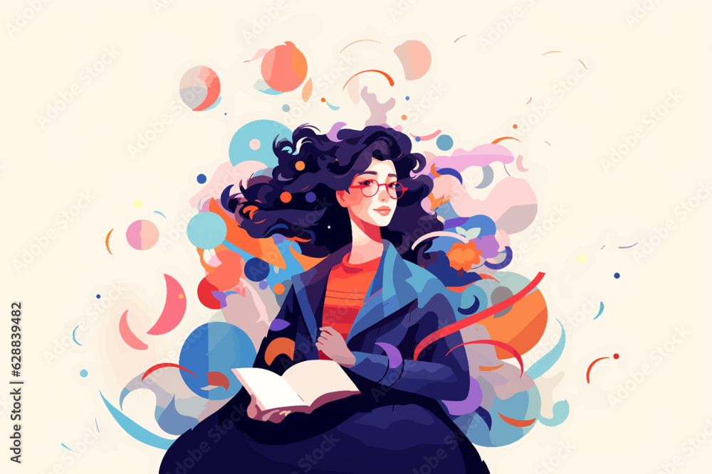 A young girl reads a book passionately. Around her, shapes and colors float, representing imagination and passion. A young girl reads a book passionately. Around her, shapes and colors float, representing imagination and passion.