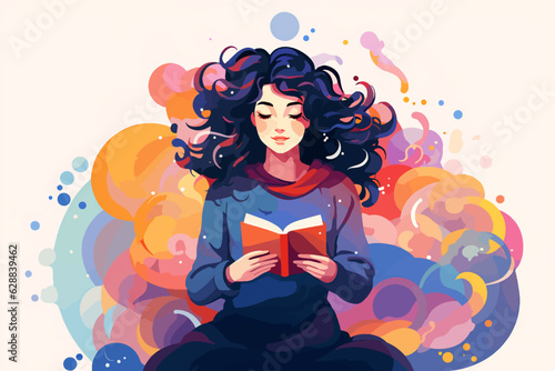 A young girl reads a book passionately. Around her, shapes and colors float, representing imagination and passion.
