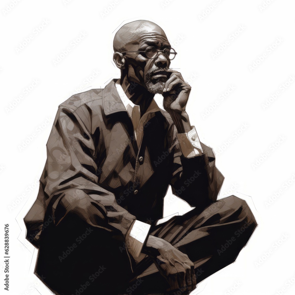 Black old man in thinking and doubts oil painted illustration. Male character with dreamy face on abstract background. Ai generated acrylic canvas bright poster. Black old man in thinking and doubts oil painted illustration. Male character with dreamy face on abstract background. Ai generated acrylic canvas bright poster.