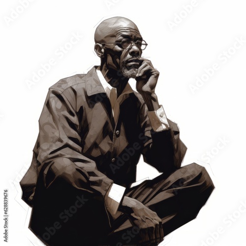 Black old man in thinking and doubts oil painted illustration. Male character with dreamy face on abstract background. Ai generated acrylic canvas bright poster. © Vector Juice