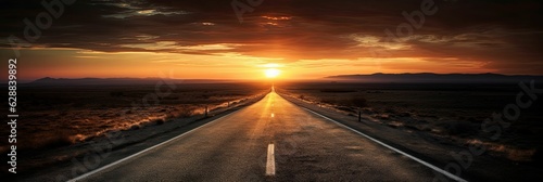 An empty highway stretching for miles with the sun setting in the background photo