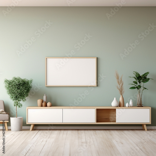 Interior of living room with green walls, wooden floor, white cupboard with horizontal mock up poster frame and plants. 3d rendering.Generative AI