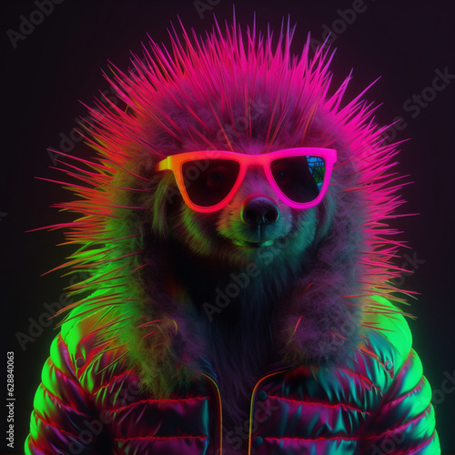 Hedgehog with colorful neon lights on a black background. 3d rendering.Generative AI