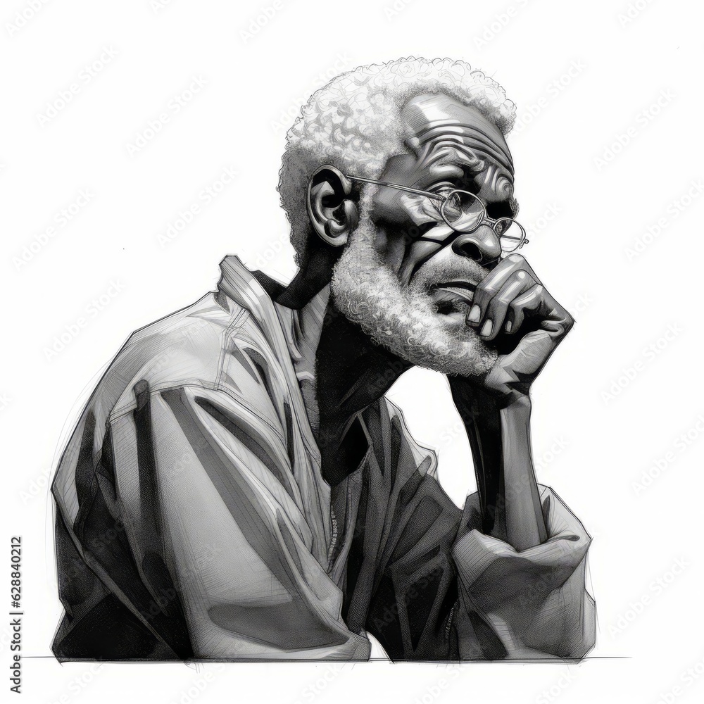 Fototapeta premium Black old man in thinking and doubts monochrome illustration. Male character with dreamy face on abstract background. Ai generated black and white sketch poster.