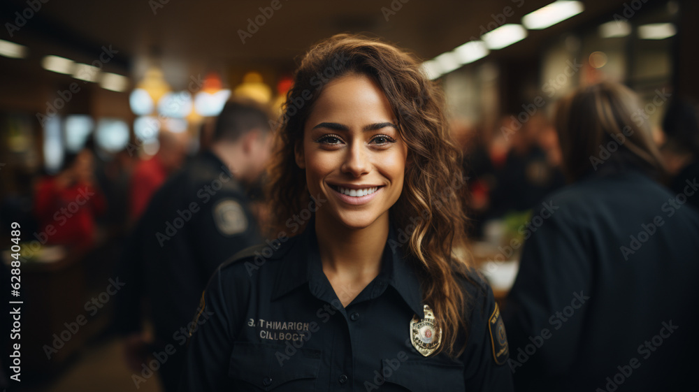 young woman with police officer standing at the city street, smiling at camera and smiling.generative ai young woman with police officer standing at the city street, smiling at camera and smiling.generative ai